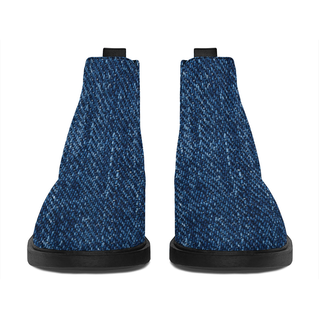 Navy Blue Denim Jeans Print Flat Ankle Boots