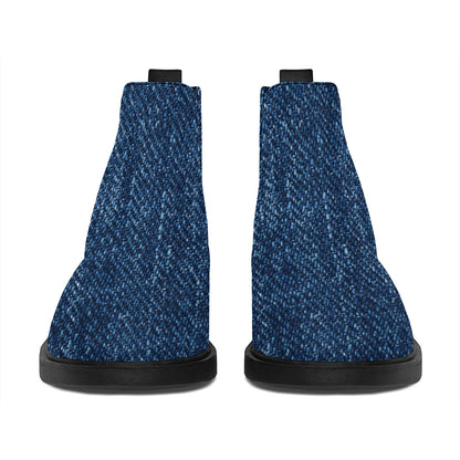 Navy Blue Denim Jeans Print Flat Ankle Boots