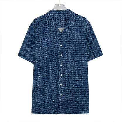 Navy Blue Denim Jeans Print Hawaiian Shirt