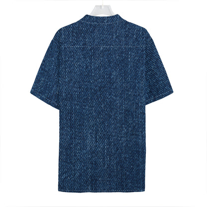 Navy Blue Denim Jeans Print Hawaiian Shirt