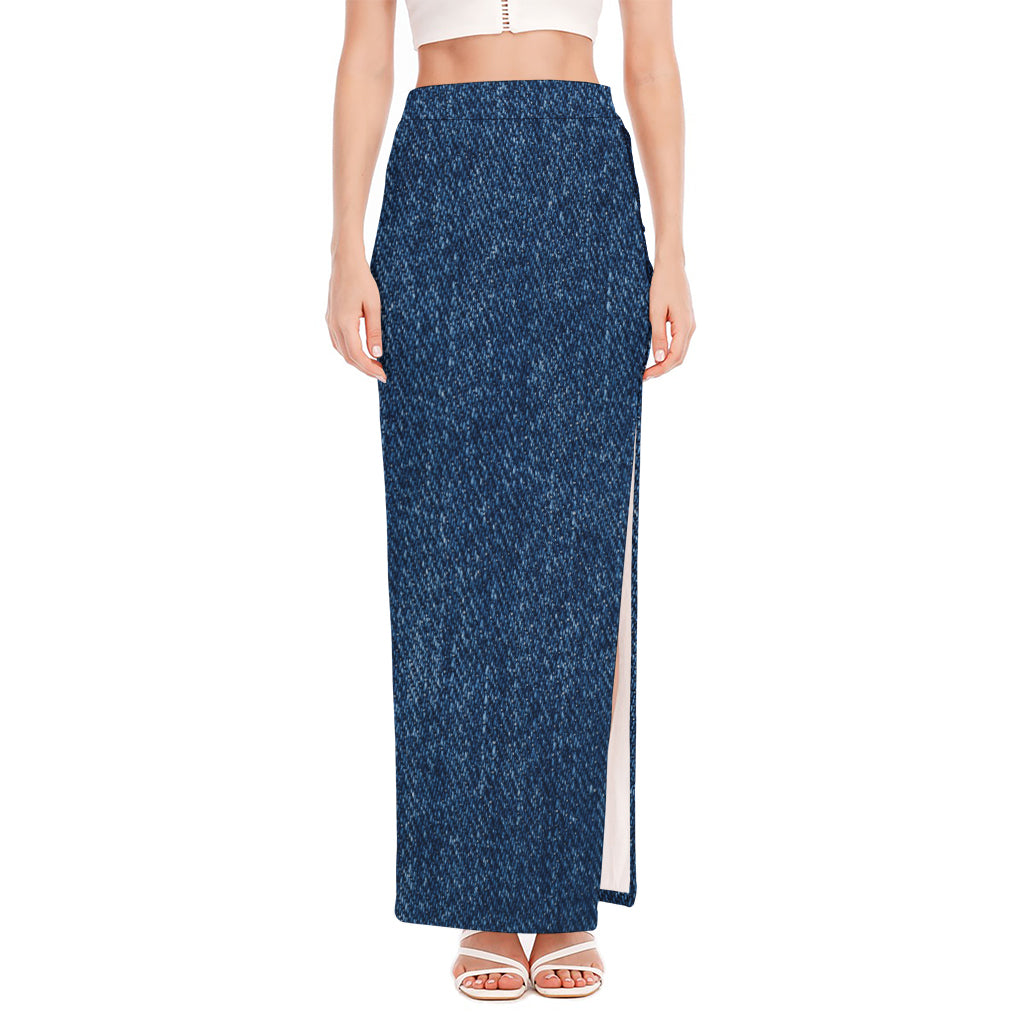 Navy Blue Denim Jeans Print High Slit Maxi Skirt