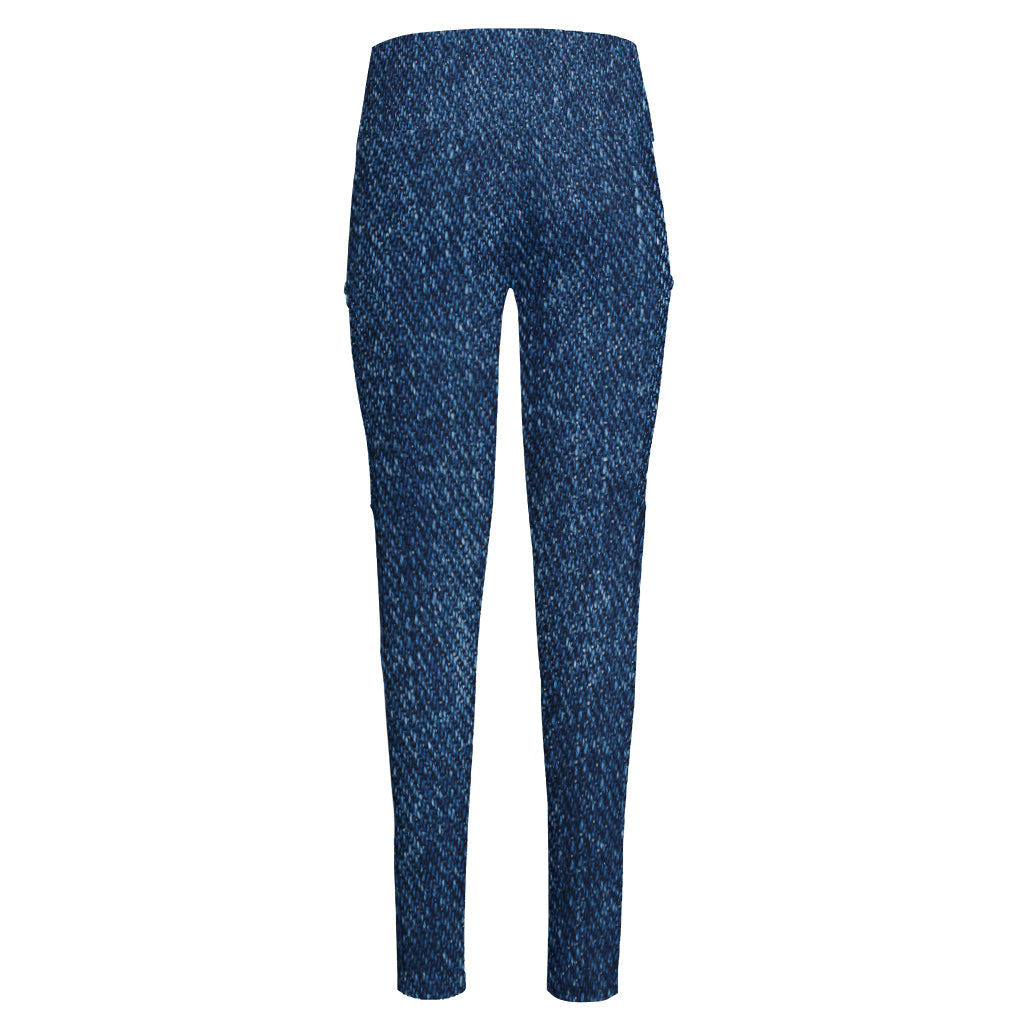 Navy Blue Denim Jeans Print High-Waisted Pocket Leggings