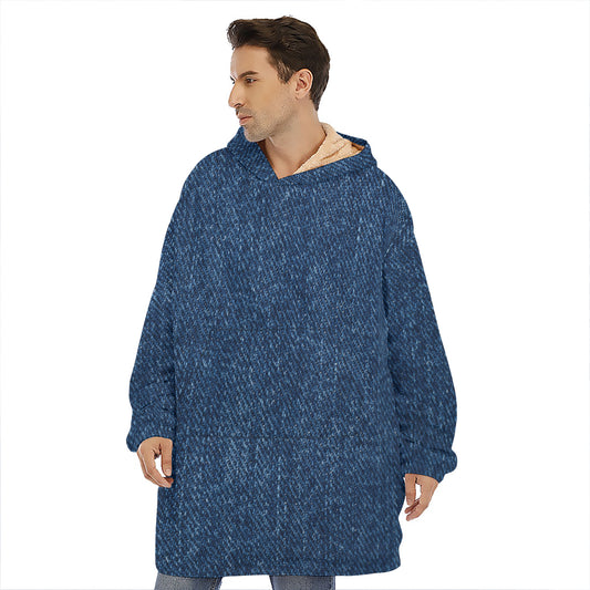 Navy Blue Denim Jeans Print Hoodie Blanket