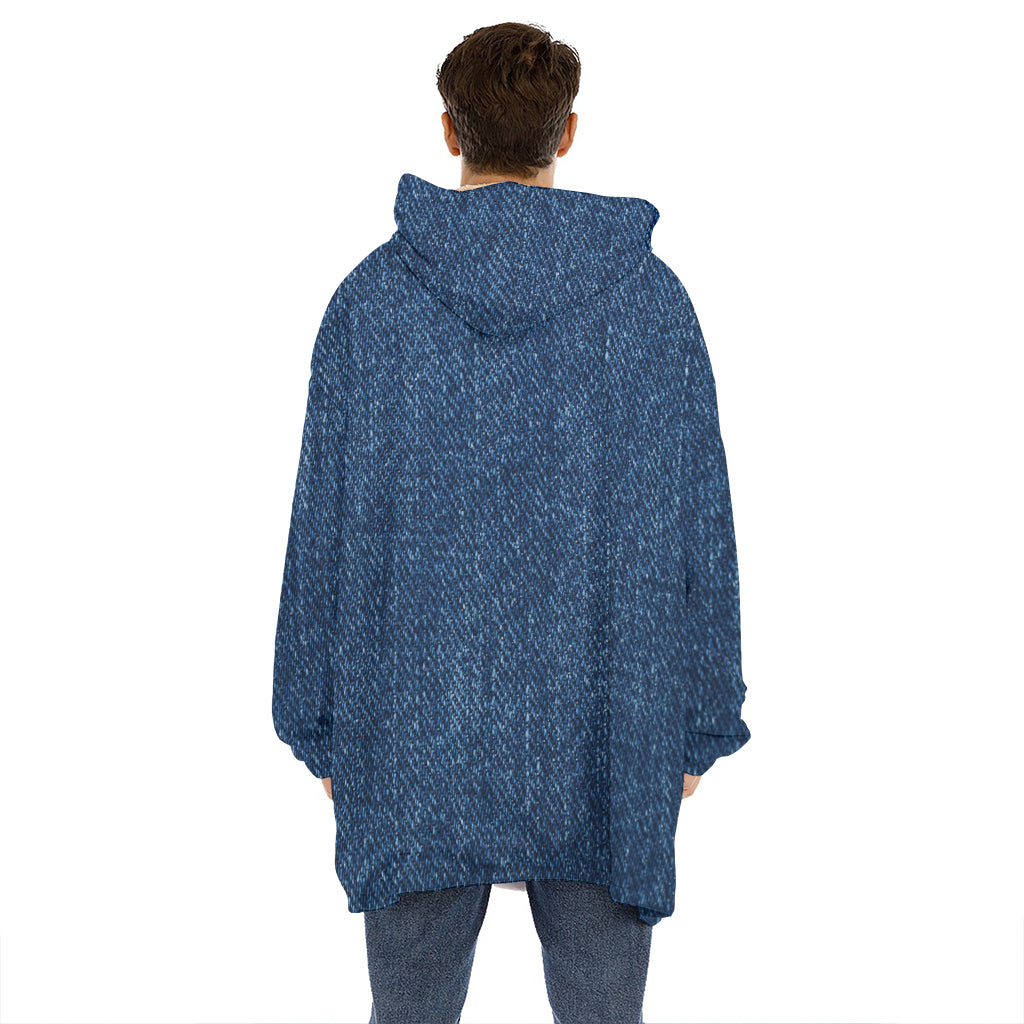 Navy Blue Denim Jeans Print Hoodie Blanket