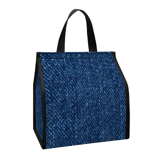 Navy Blue Denim Jeans Print Insulated Lunch Tote