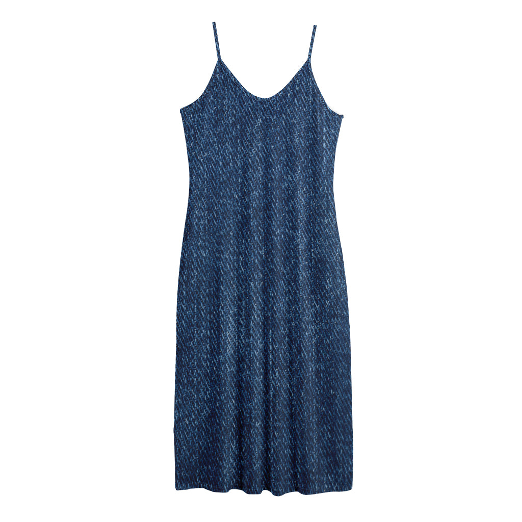 Navy Blue Denim Jeans Print Jersey Midi Cami Dress