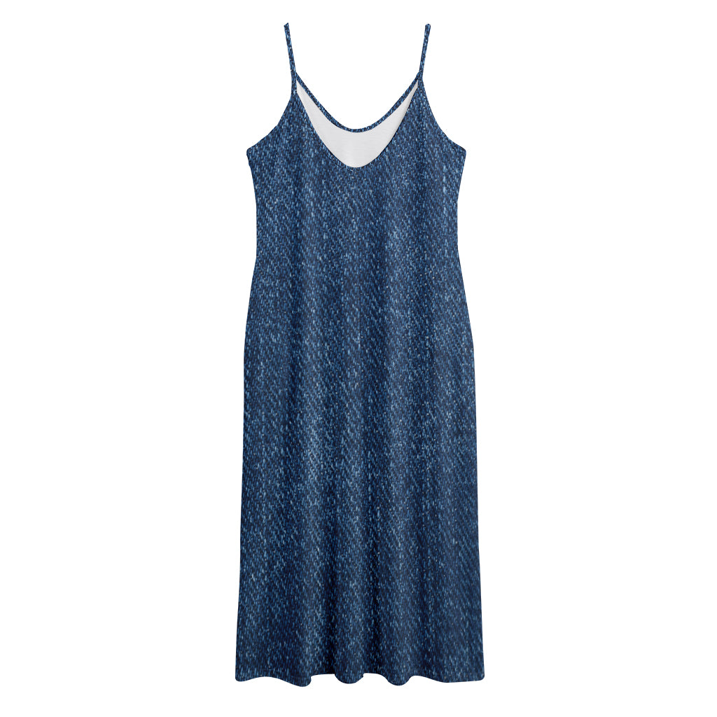Navy Blue Denim Jeans Print Jersey Midi Cami Dress
