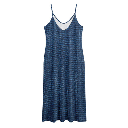 Navy Blue Denim Jeans Print Jersey Midi Cami Dress