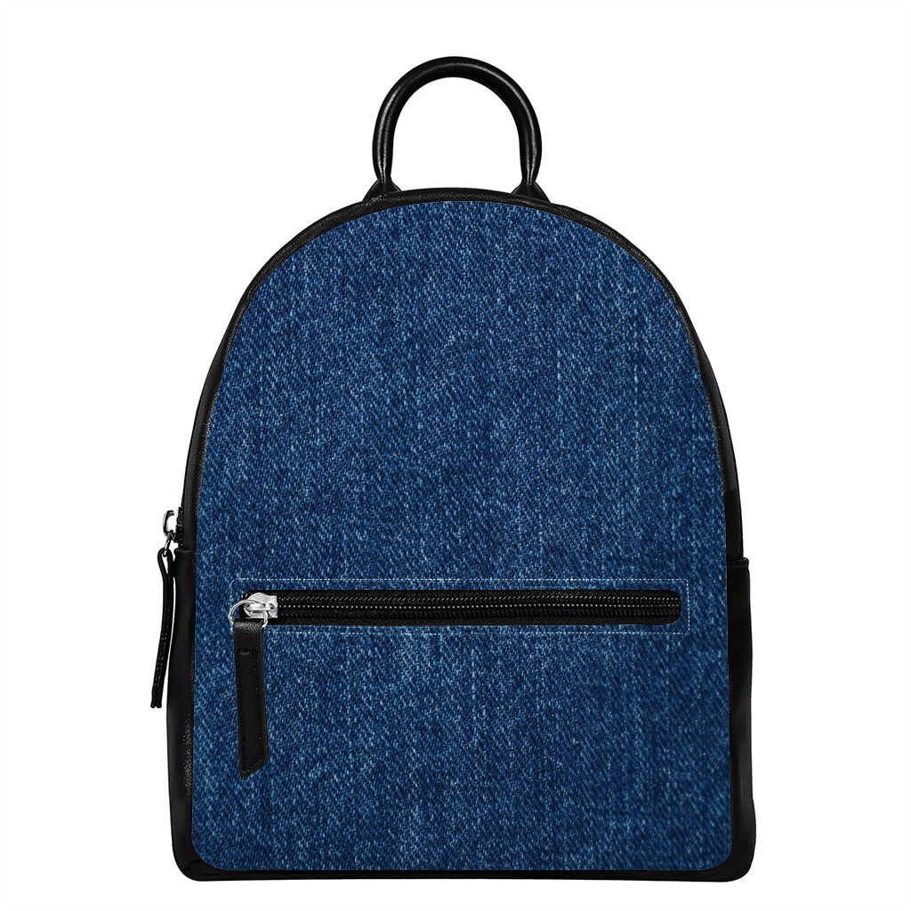 Navy Blue Denim Jeans Print Leather Backpack