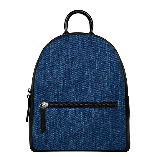 Navy Blue Denim Jeans Print Leather Backpack