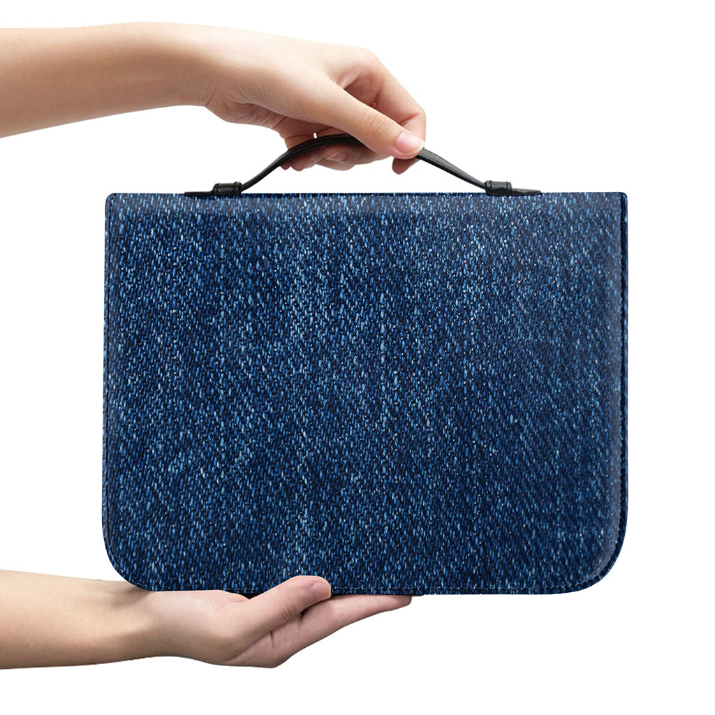 Navy Blue Denim Jeans Print Leather Bible Cover