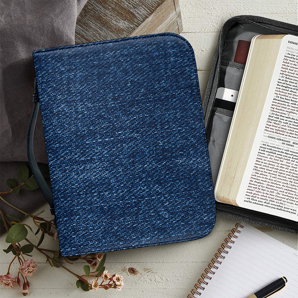 Navy Blue Denim Jeans Print Leather Bible Cover