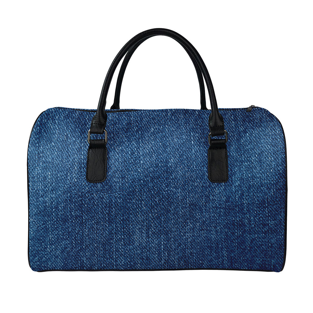 Navy Blue Denim Jeans Print Leather Duffle Bag