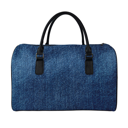 Navy Blue Denim Jeans Print Leather Duffle Bag