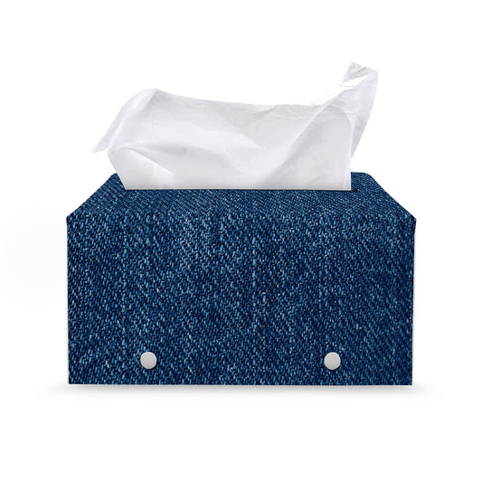 Navy Blue Denim Jeans Print Leather Tissue Box Cover