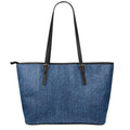 Navy Blue Denim Jeans Print Leather Tote Bag With Zipper