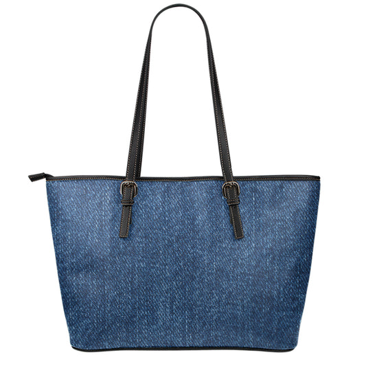 Navy Blue Denim Jeans Print Leather Tote Bag