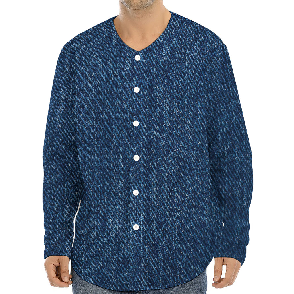 Navy Blue Denim Jeans Print Long Sleeve Baseball Jersey