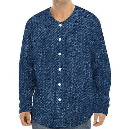 Navy Blue Denim Jeans Print Long Sleeve Baseball Jersey