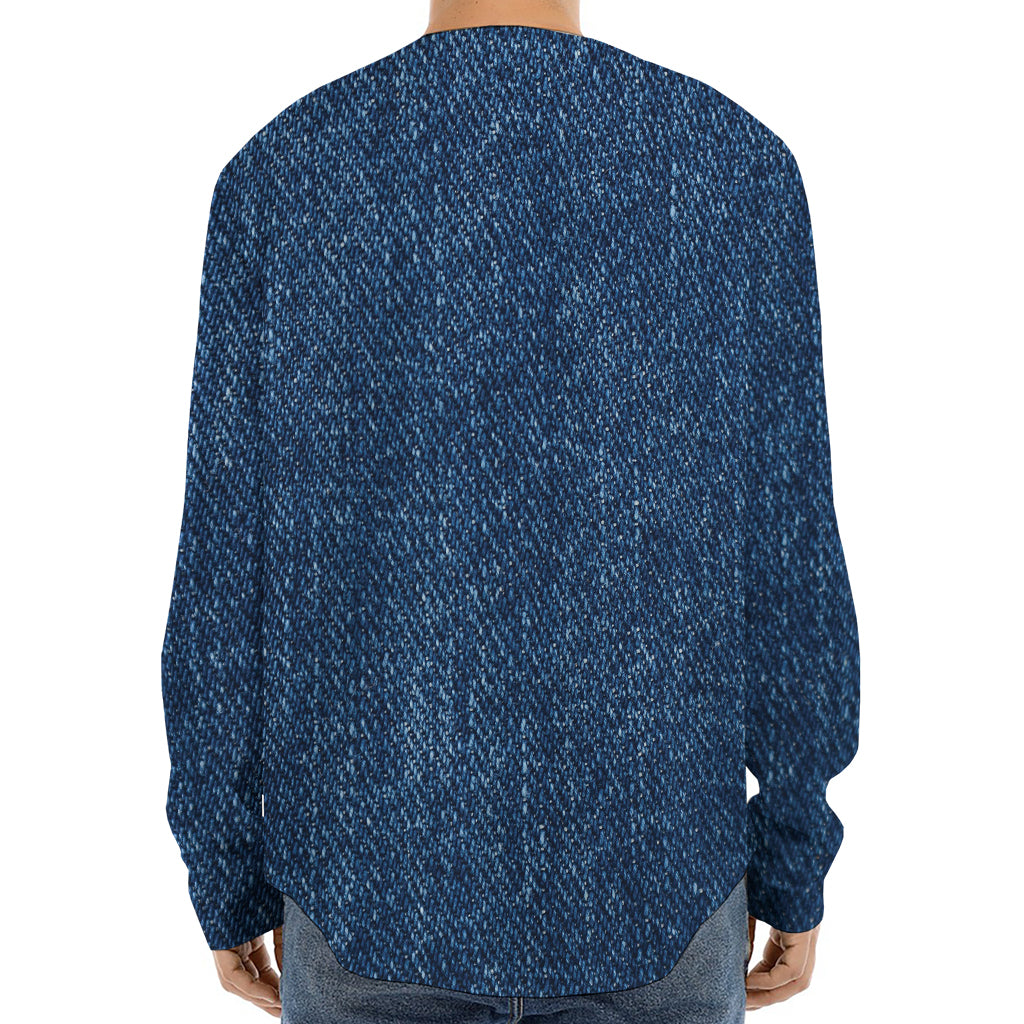 Navy Blue Denim Jeans Print Long Sleeve Baseball Jersey