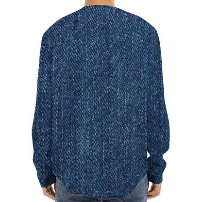 Navy Blue Denim Jeans Print Long Sleeve Baseball Jersey