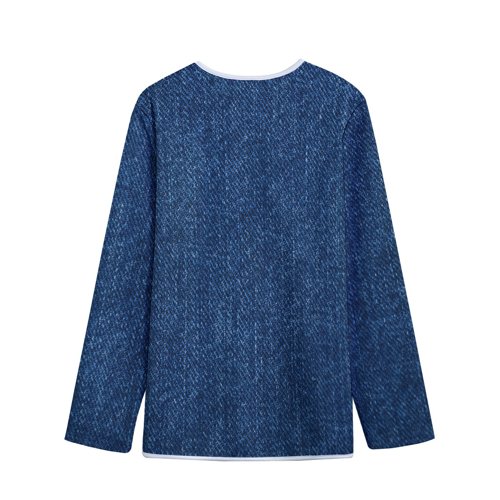 Navy Blue Denim Jeans Print Long Sleeve Short Coat