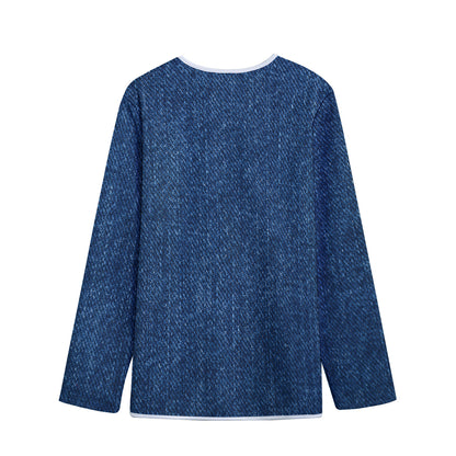 Navy Blue Denim Jeans Print Long Sleeve Short Coat