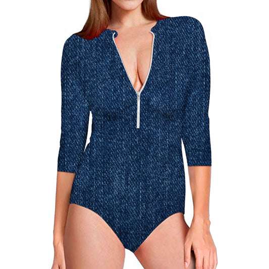 Navy Blue Denim Jeans Print Long Sleeve Swimsuit