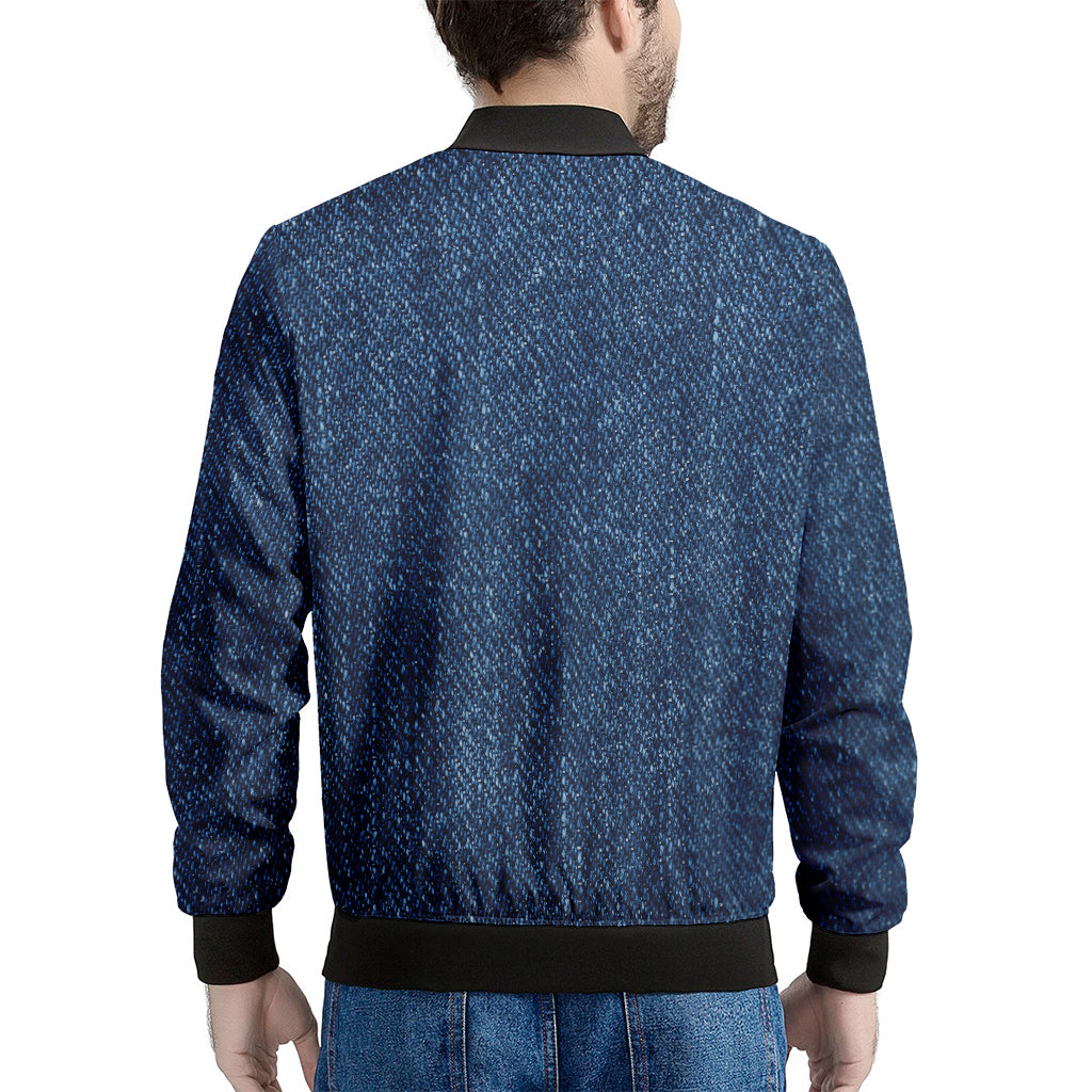 Navy Blue Denim Jeans Print Men's Bomber Jacket