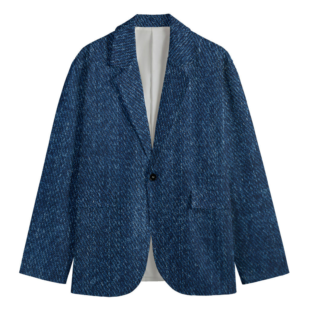 Navy Blue Denim Jeans Print Men's Cotton Blazer