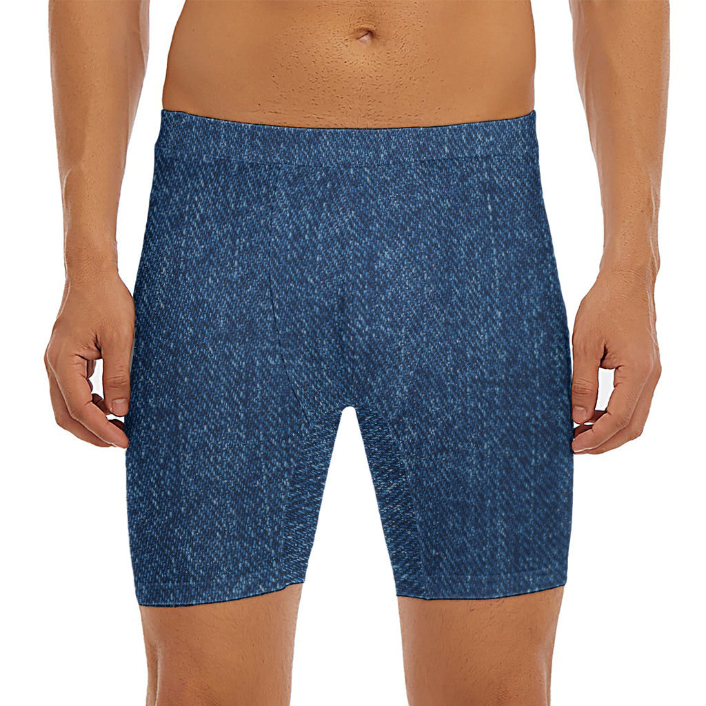 Navy Blue Denim Jeans Print Men's Long Boxer Briefs