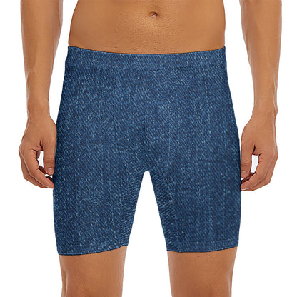 Navy Blue Denim Jeans Print Men's Long Boxer Briefs