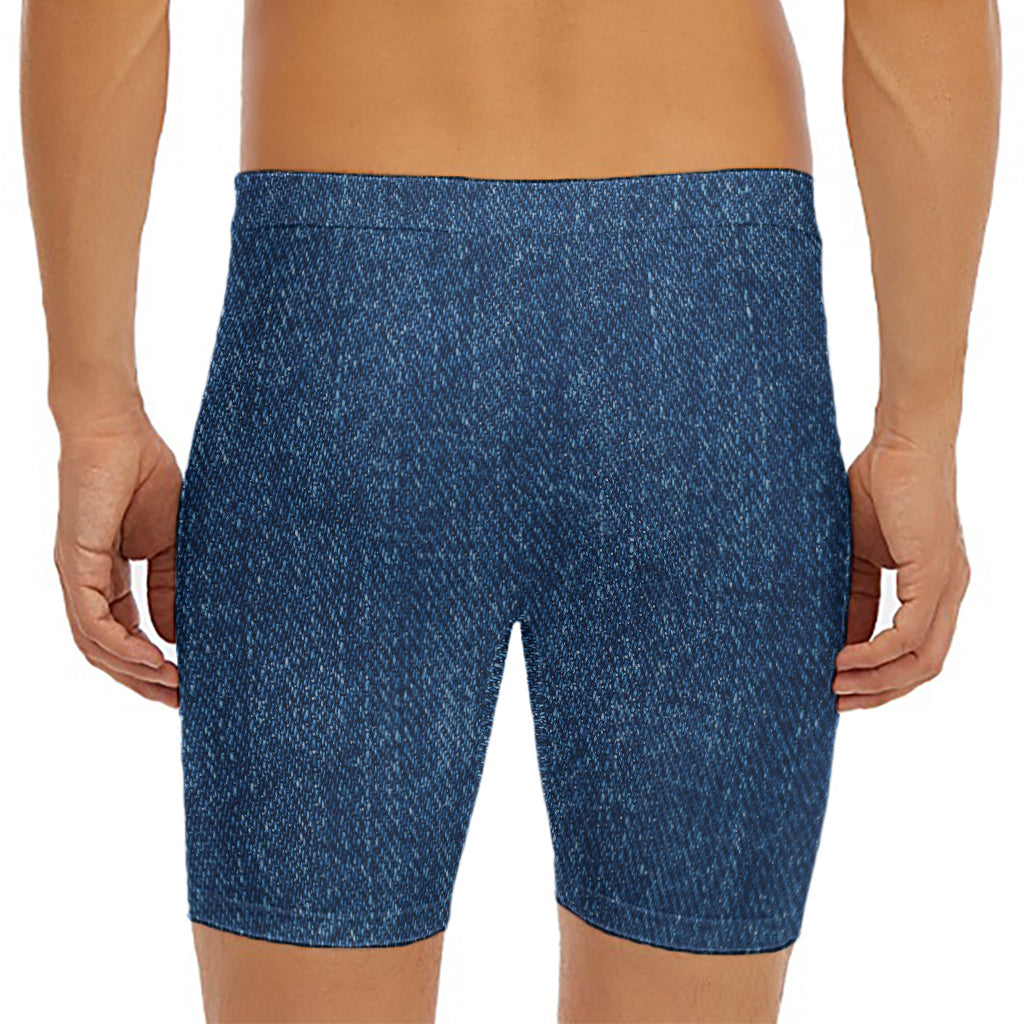 Navy Blue Denim Jeans Print Men's Long Boxer Briefs