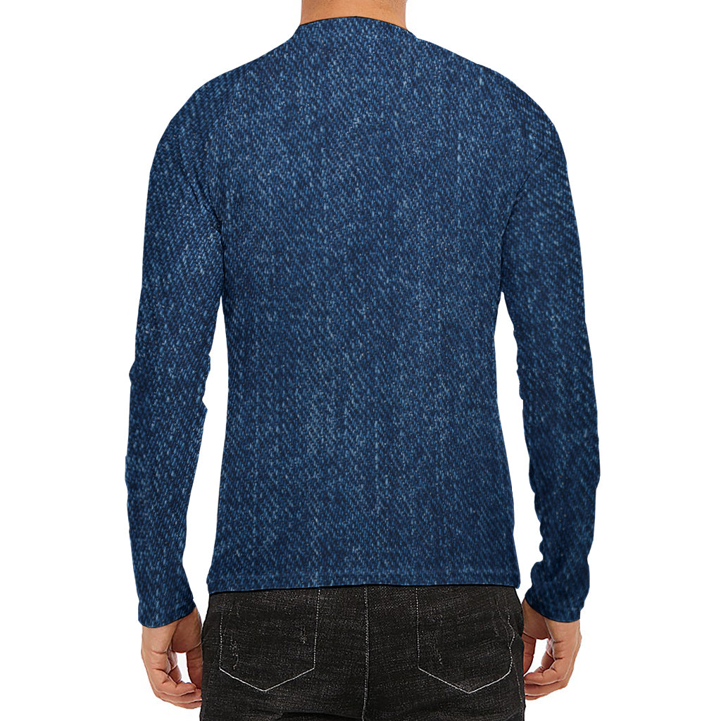 Navy Blue Denim Jeans Print Men's Long Sleeve Rash Guard