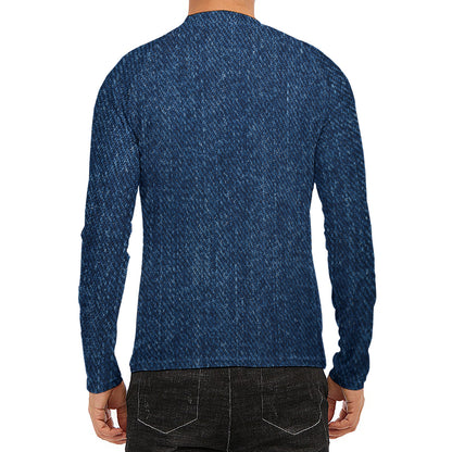 Navy Blue Denim Jeans Print Men's Long Sleeve Rash Guard