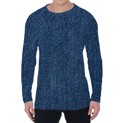 Navy Blue Denim Jeans Print Men's Long Sleeve T-Shirt