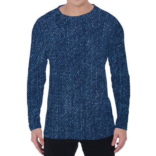 Navy Blue Denim Jeans Print Men's Long Sleeve T-Shirt