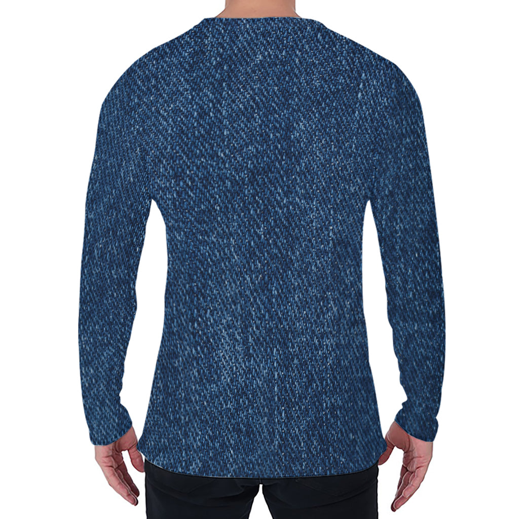 Navy Blue Denim Jeans Print Men's Long Sleeve T-Shirt