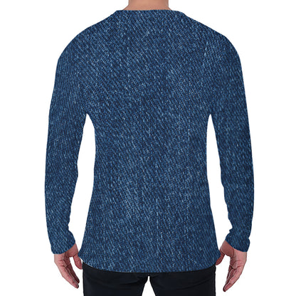 Navy Blue Denim Jeans Print Men's Long Sleeve T-Shirt