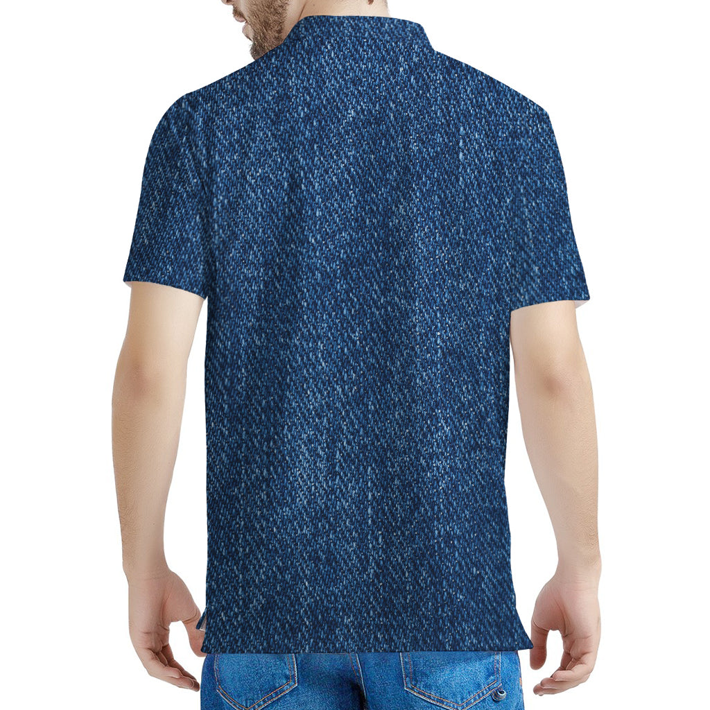 Navy Blue Denim Jeans Print Men's Polo Shirt