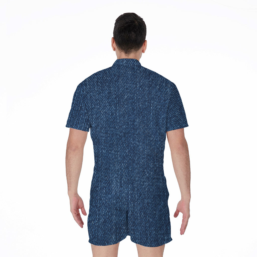 Navy Blue Denim Jeans Print Men's Rompers