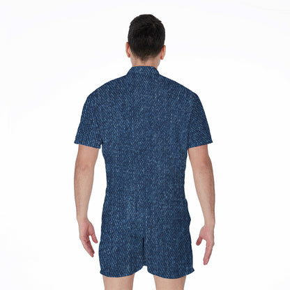 Navy Blue Denim Jeans Print Men's Rompers