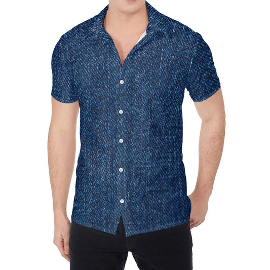 Navy Blue Denim Jeans Print Men's Shirt