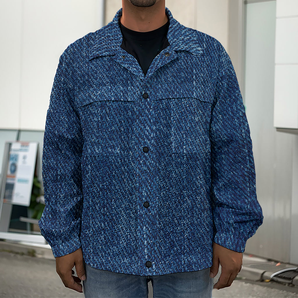 Navy Blue Denim Jeans Print Men's Shirt Jacket