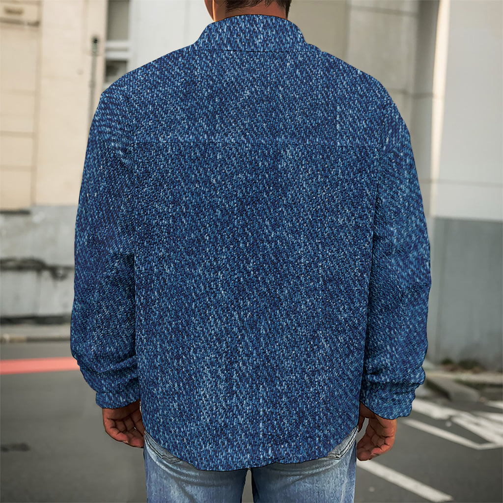 Navy Blue Denim Jeans Print Men's Shirt Jacket