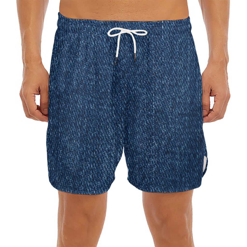 Navy Blue Denim Jeans Print Men's Split Running Shorts