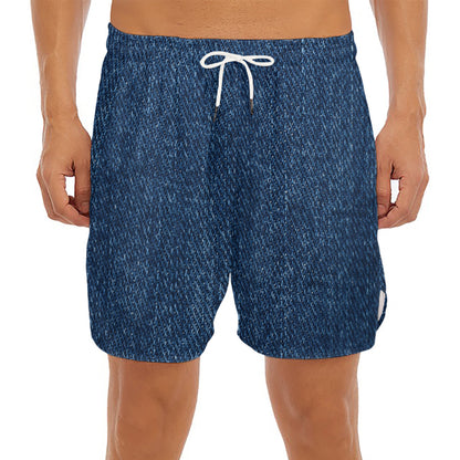 Navy Blue Denim Jeans Print Men's Split Running Shorts