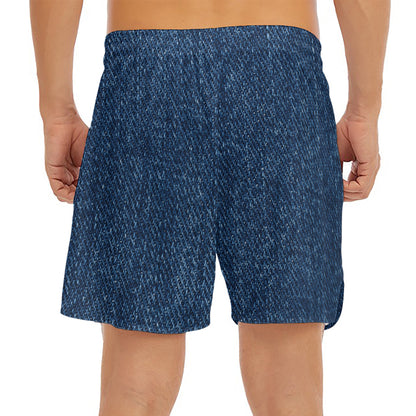 Navy Blue Denim Jeans Print Men's Split Running Shorts