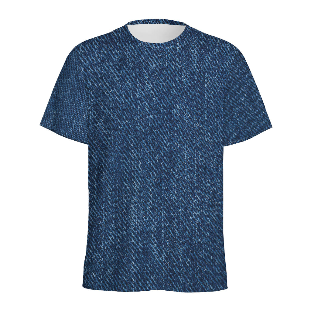 Navy Blue Denim Jeans Print Men's Sports T-Shirt