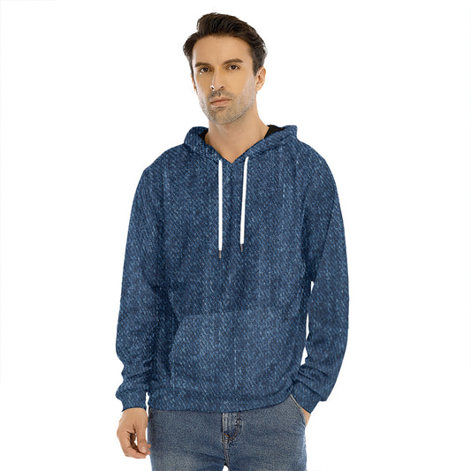 Navy Blue Denim Jeans Print Men's Velvet Pullover Hoodie